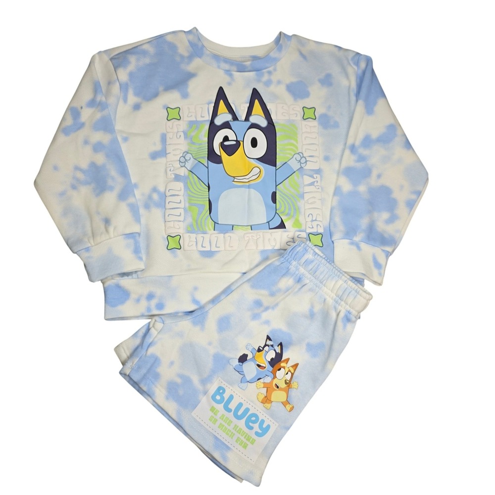 Bluey Bingo Kids Tie Dye Sweatshirt and Shorts 2 Piece Set Blue White Graphic 4T